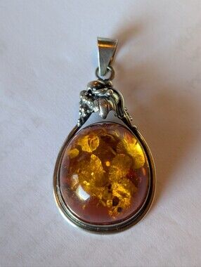 Vintage 925 Sterling Silver Baltic Amber Pendant Leaf & Vine Sun Spangles Honey